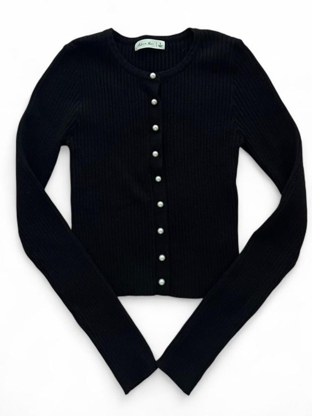 Black Ribbed Cardigan with Pearl Buttons
